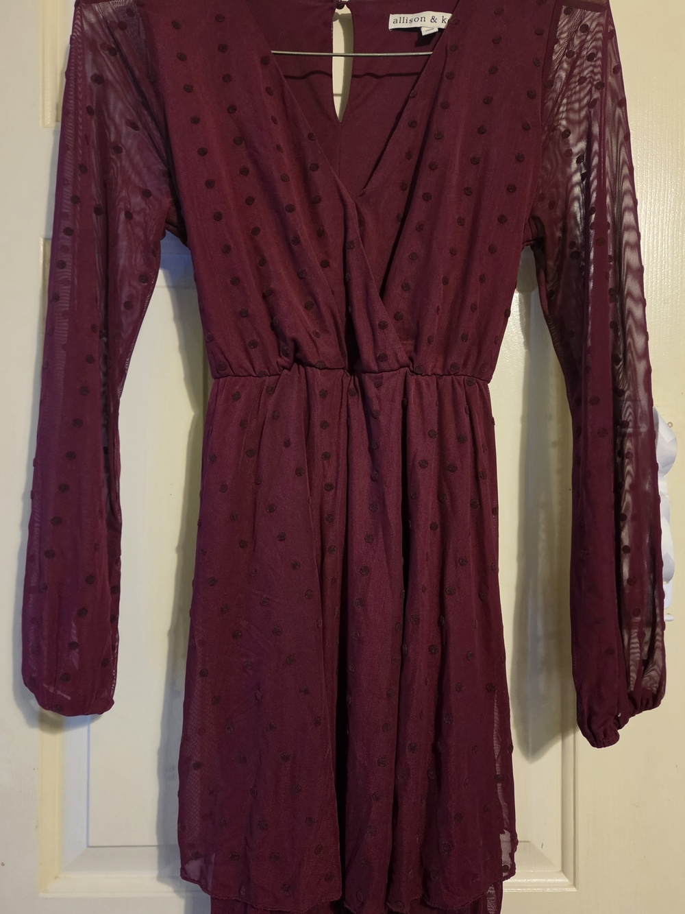 Wine Dot Mesh Long-Sleeve Wrap Dress
